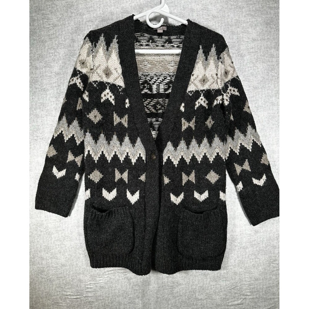 J JILL Wool Blend Cardigan Argyle/ Diamond 1 Button Sweater Gray Women’s Small